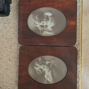 2) Vintage Art in wooden Framed Cupid Child with Arrow